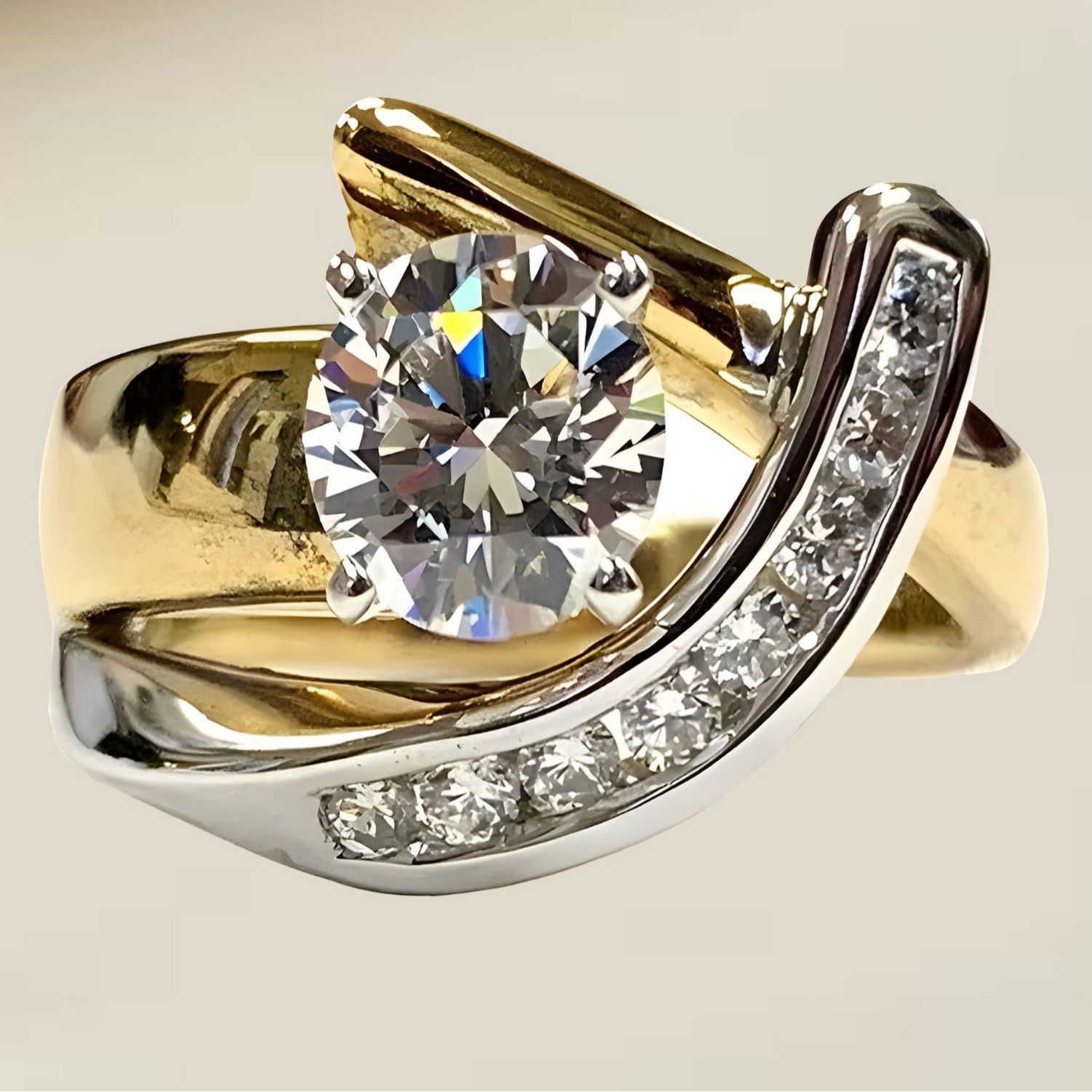 Hongdi Cross-Border Factory Personalized Luxury Zircon Ring for Women European and American Fashion 18K Gold Color-Blocked High-End Ring