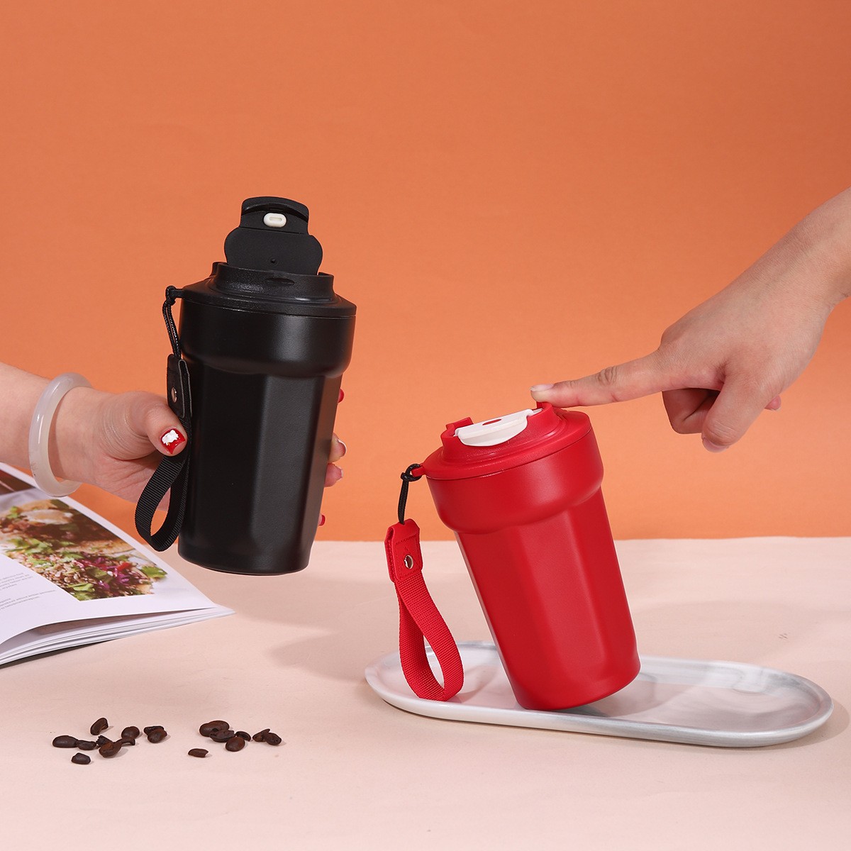 316 taza de acero inoxidable taza de café octogonal al aire libre con cuerda de elevación taza de acompañamiento portátil