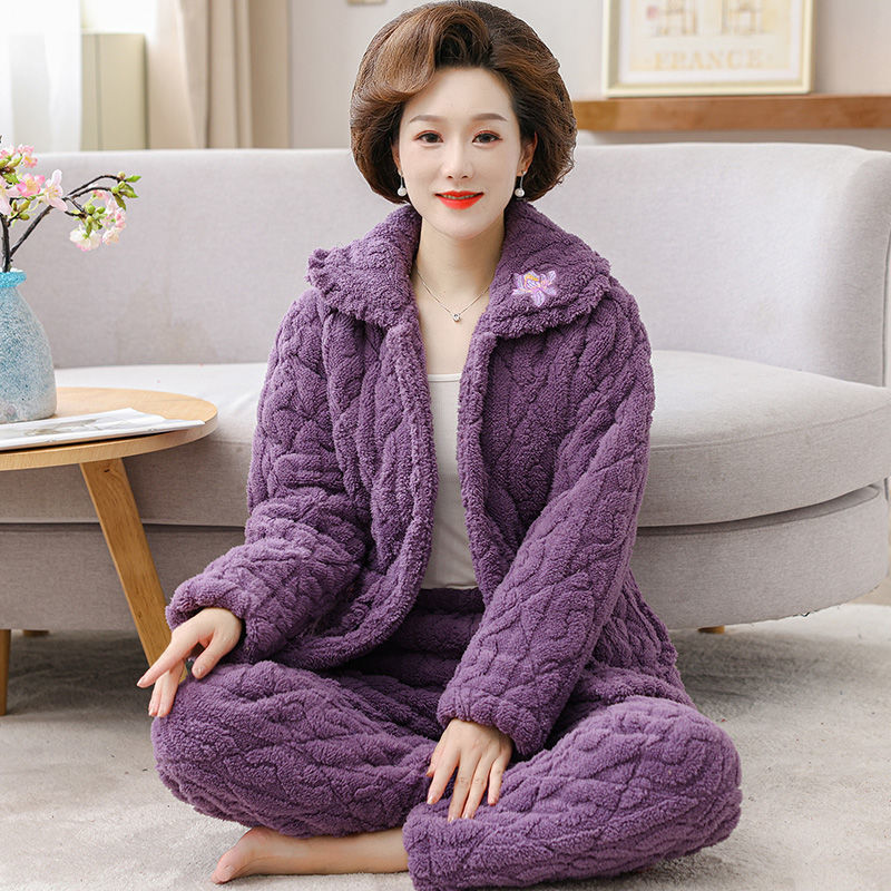 잠옷 여성의 가을과 겨울 산호 양털 3 층 퀼트 플랜지 두꺼운 어머니의 중년 및 노인 홈 옷 따뜻한 세트