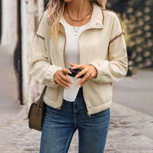 欧美跨境2025秋冬新款休闲风简约拉链开衫短款撞色镶边摇粒绒外套