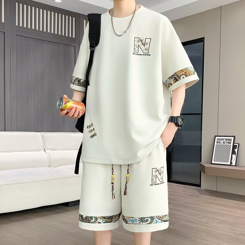 2025 New Summer Style Chinese Style Fashionable Casual Men's Suit Round Neck Short-Sleeved T-Shirt Shorts Two-Piece Set Trendy