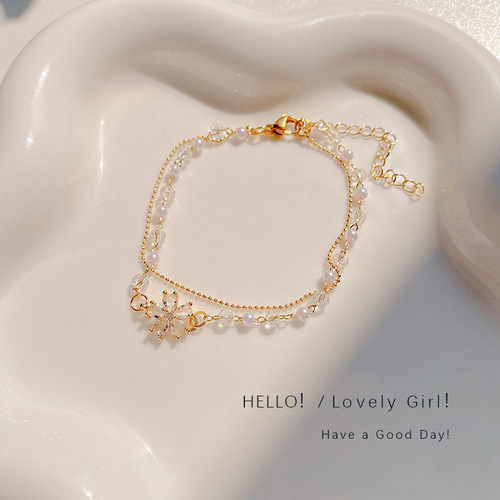 Gentle and exquisite double-layered pearl crystal flower bracelet ins style niche design hand jewelry bracelet wholesale