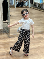 女童夏清涼卡通熊貓闊腿防蚊褲+休閒百搭白色短款短袖T恤分開拍