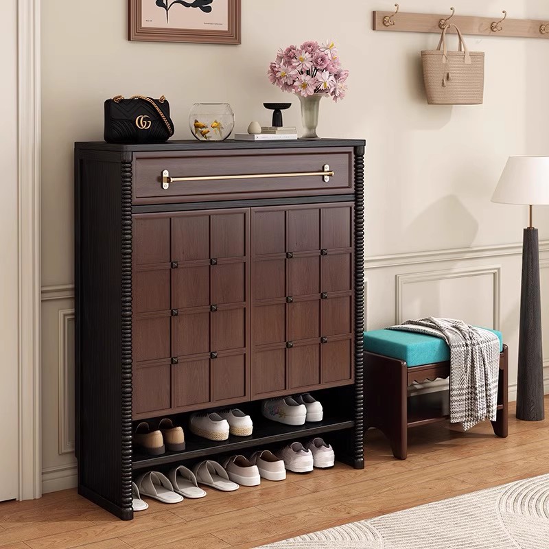 French Retro Solid Wood Shoe Cabinet for Home Small Apartment Wall-Mounted Integrated Storage Cabinet Entry Multi-Functional Storage Entrance Cabinet
