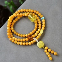 天然老蜜蜡三圈手串蜡质浓厚满蜜鸡油黄老花蜡妖花纹路尺寸5毫米