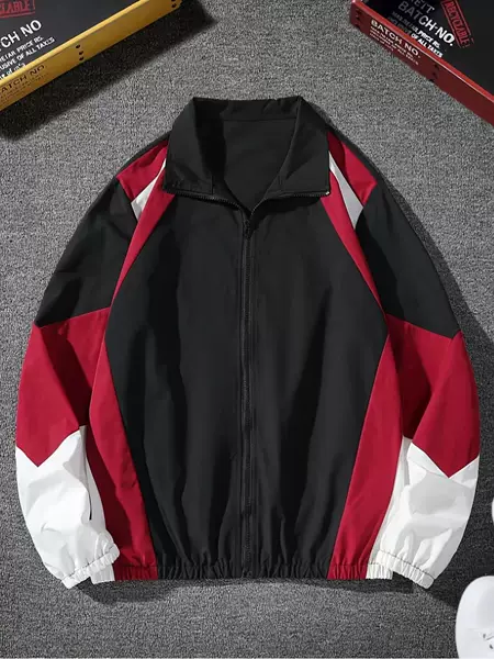Men's Color Patchwork Zipper Jacket, Regular Fit Long Sleeve Casual Outerwear for Spring and Fall,