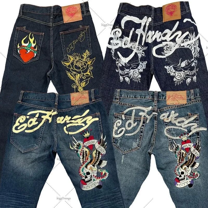 Cross-Border E-Commerce European and American Style Street Jeans for Men Y2K Printed Hip-Hop Straight Retro Loose Wide-Leg Jeans