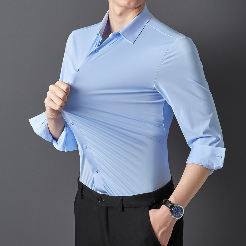 Primavera y otoño camisa de manga larga de alta elasticidad sin costuras de nylon de los hombres adhesivo de poliuretano sedoso no planchar de lujo ligero Comercio exterior transfronterizo camisa de los hombres