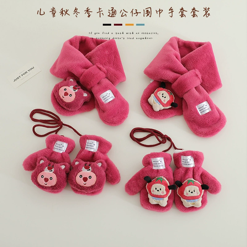 Детские зимние мультяшные перчатки, кукла для мальчиков, флисовый шарф, набор, увеличенная плотность