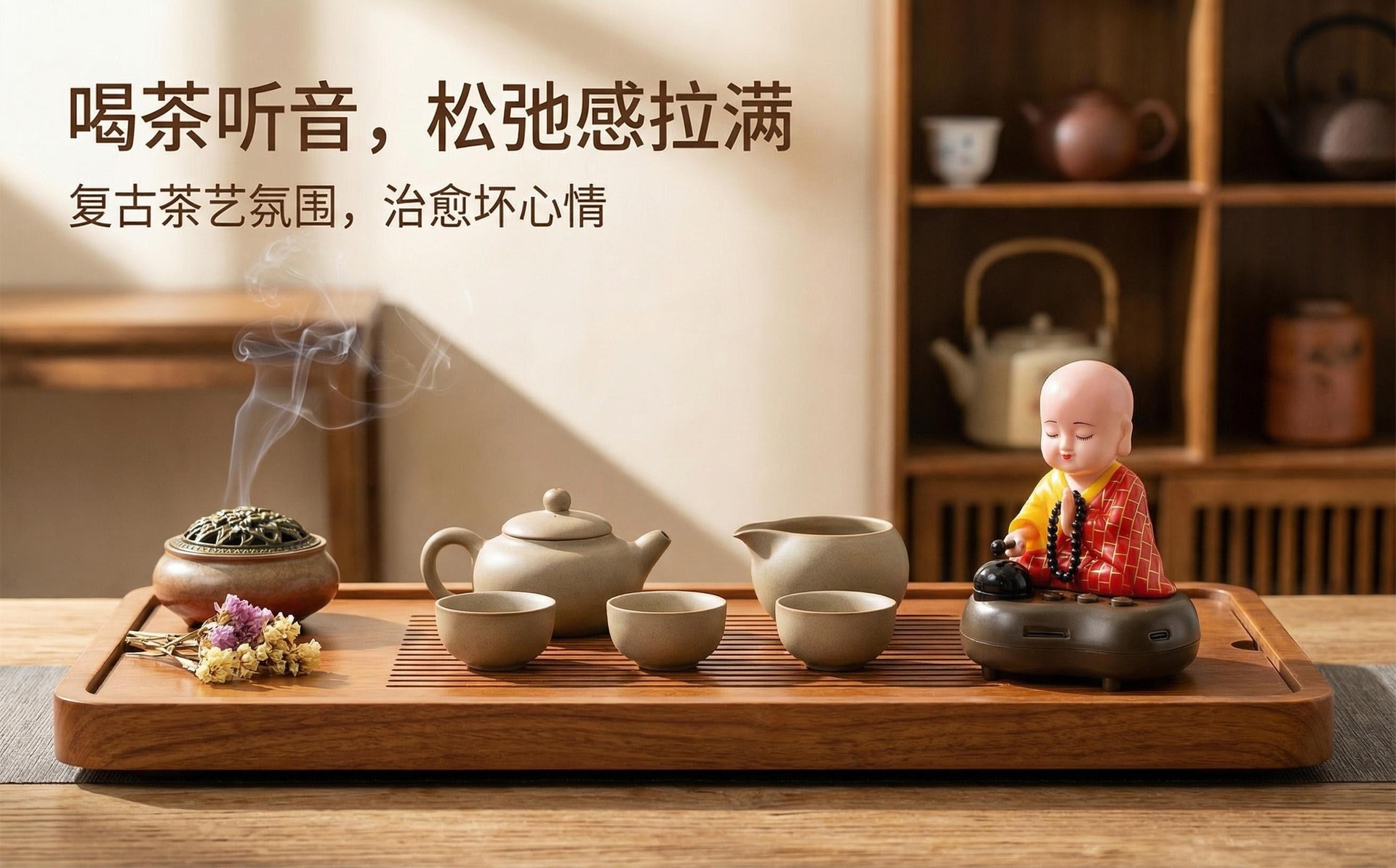 Musical little monk nodding and tapping on a wooden fish, car dashboard ornament, interior home decoration figurine, premium accessory