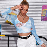 (Трансграничная торговля), милый короткий лонгслив, легкая и тонкая футболка, европейский стиль, V-образный вырез