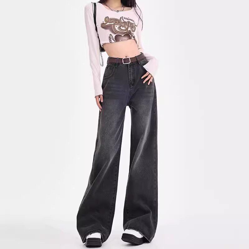 Black and gray straight-leg jeans for women, spring/summer thin high-waisted loose slimming drapey wide-leg pants, 2026 new model Black and gray straight-leg jeans for women, spring/summer thin high-waisted loose slimming drapey wide-leg pants, 2026 new model