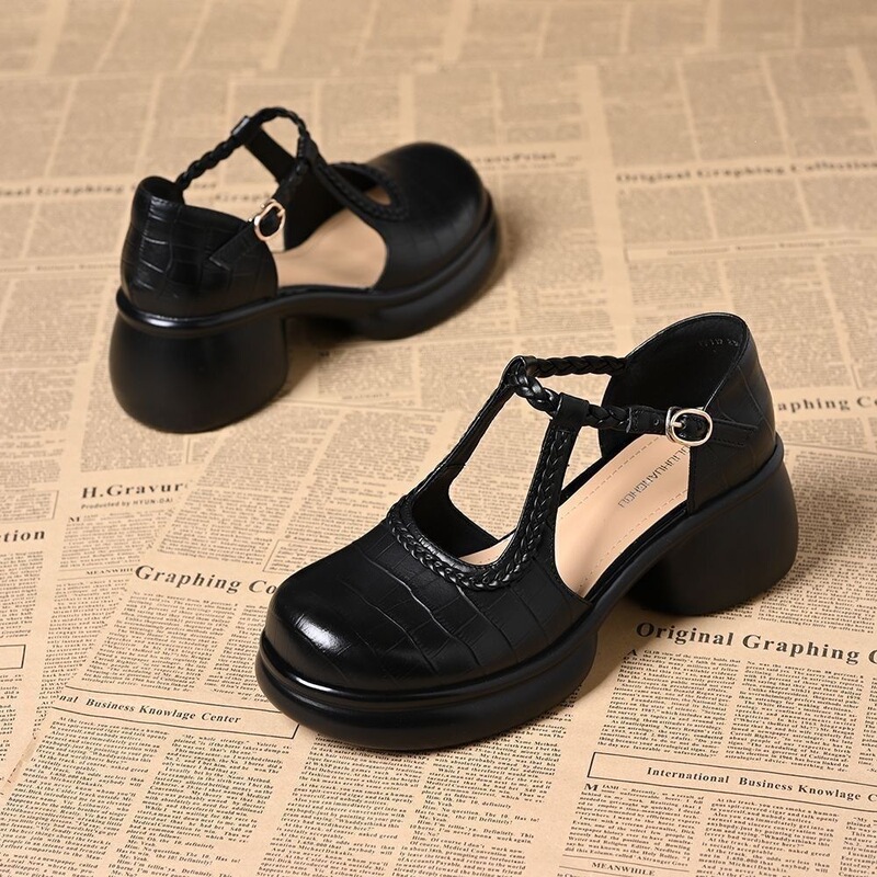 New Style Genuine Soft Leather Closed-Toe Sandals for Women, Summer New Stone-Pattern Woven Round-Toe Chunky Heel Comfortable Versatile High-Heeled Shoes