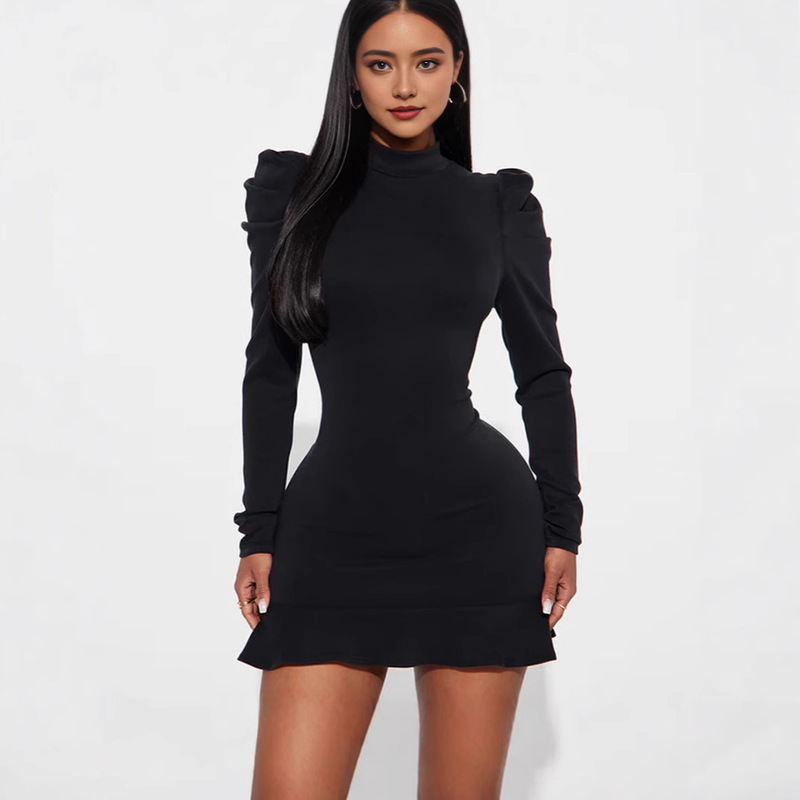 European and American Export Fashion Elegant Sexy Sexy Slim Fit Hip-Covering Lv Women's Pure Color Simple Short Lv Dress