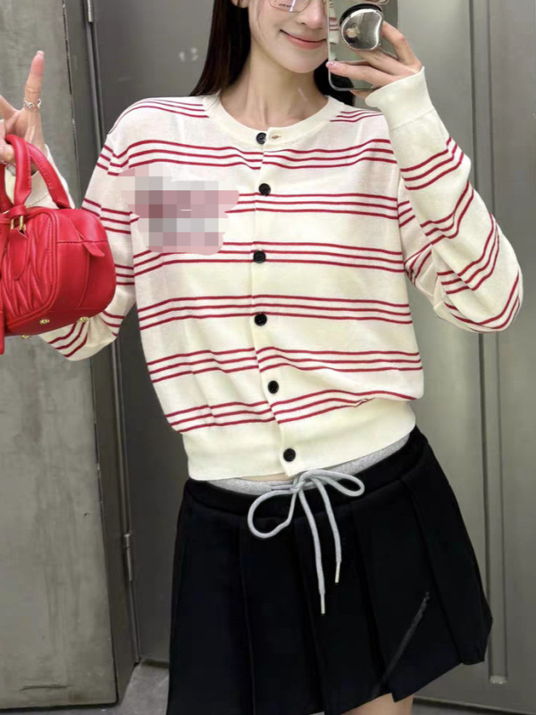 韩版复古撞色条纹针织开衫女春秋慵懒风宽松长袖薄款毛衣外套上衣|undefined