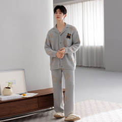 半边绒翻领开衫睡衣男士秋冬季加厚加绒青年学生宽松家居服套装