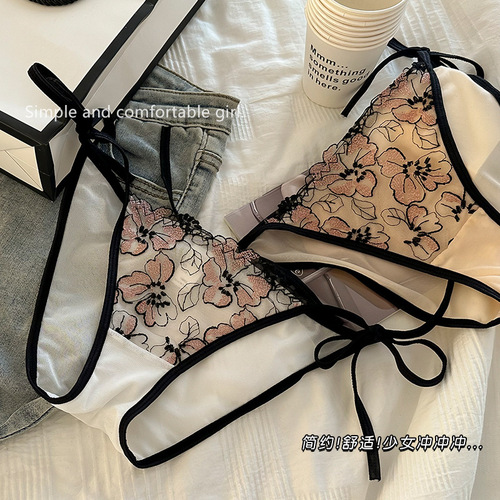 Lightly luxurious embroidered lace thin strap low-waist women's underwear feminine bow comfortable pure cotton crotch briefs seamless