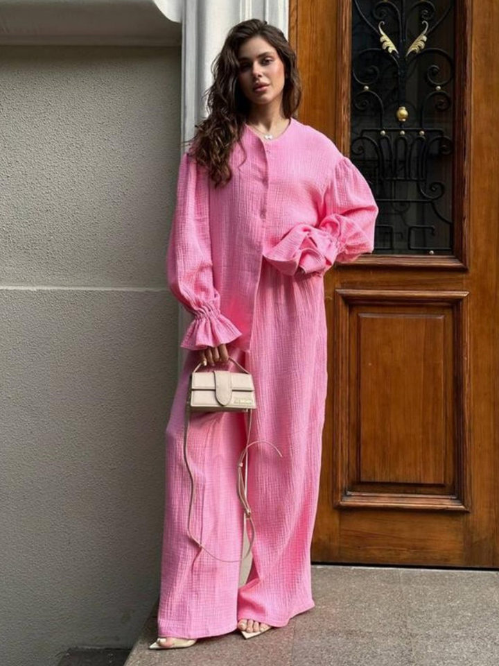 Bộ cardigan dài tay + quần ống rộng tay đèn lồng chất liệu cotton — màu hồng, màu đen, quả mơ chi tiết 3