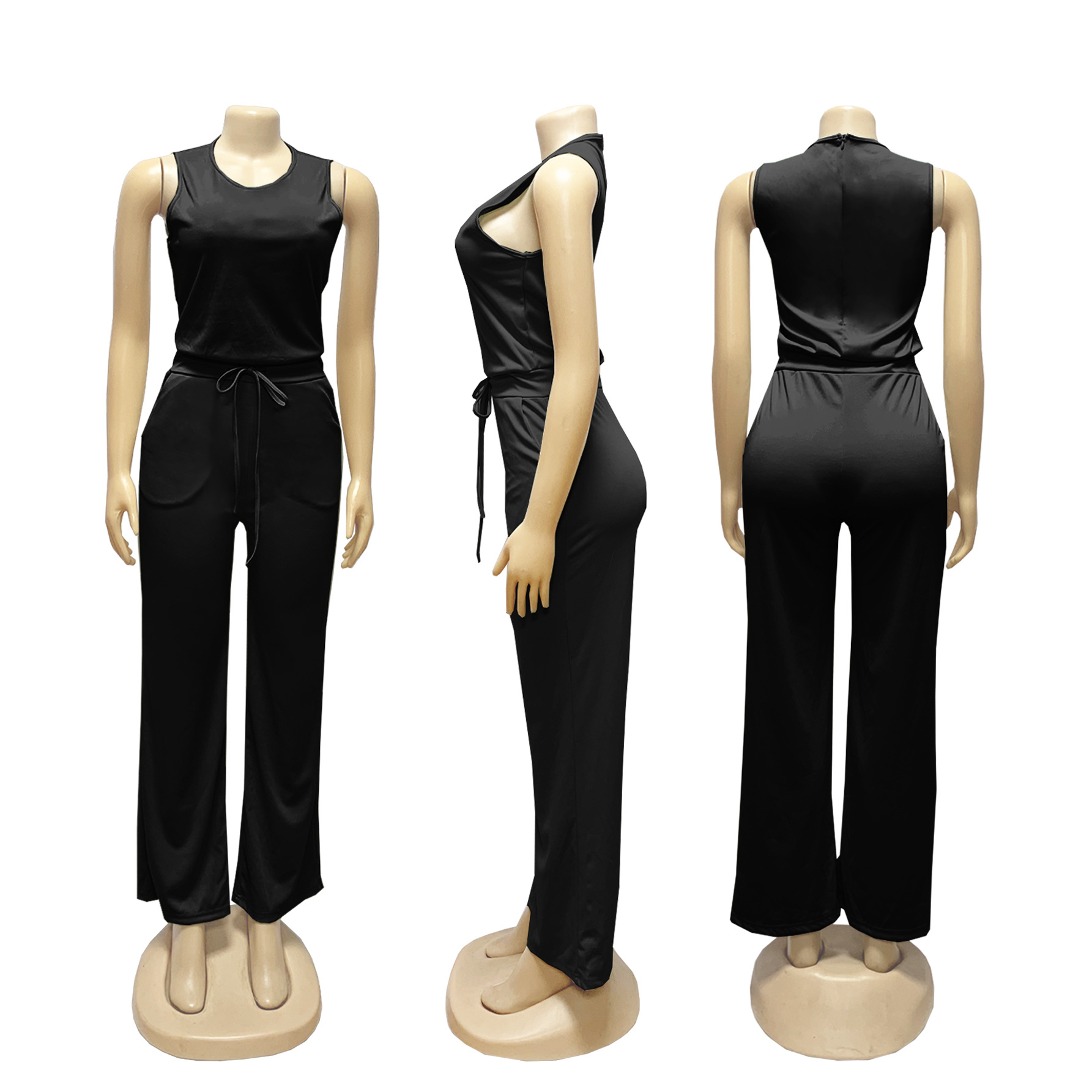 Women's Sleeveless Jumpsuit Casual Lace Up Solid Colour Summer_voghion.com