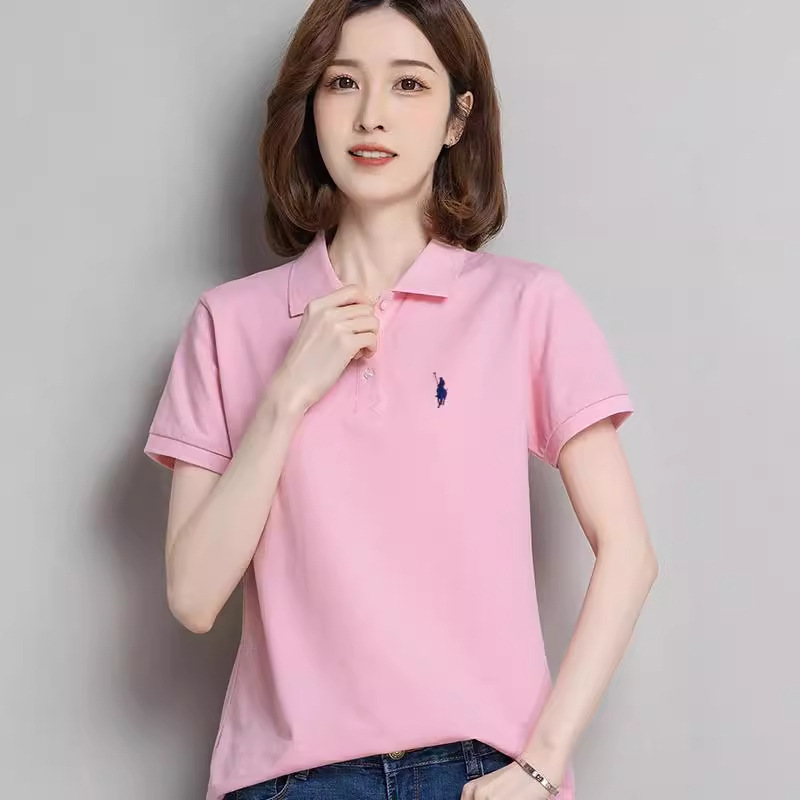 Pure Cotton Polo Shirt for Women, Short-Sleeved T-Shirt, Loose Fit, Embroidered Collar, Work Uniform, Cultural Shirt, Pony