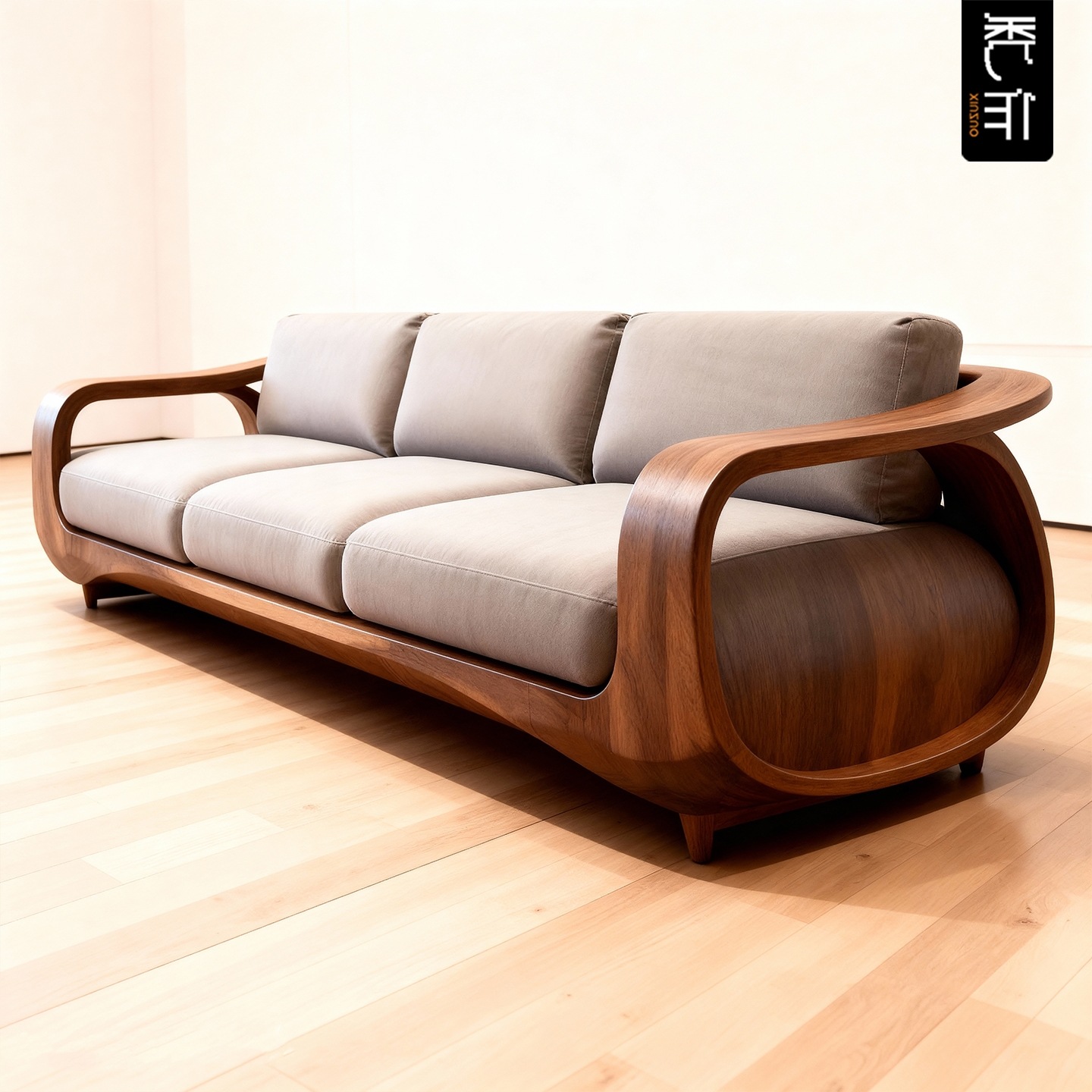 North American Black Walnut Sofa Three-Seater Straight Row Solid Wood Fabric Sofa Living Room Hotel Simple Chinese Furniture