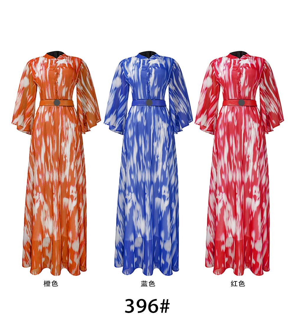 African Plus Size Women's Chiffon Bat Sleeves Ink Painting Tie-Dye Stand Collar Dress Elegant Large Swing Long Dress with Belt