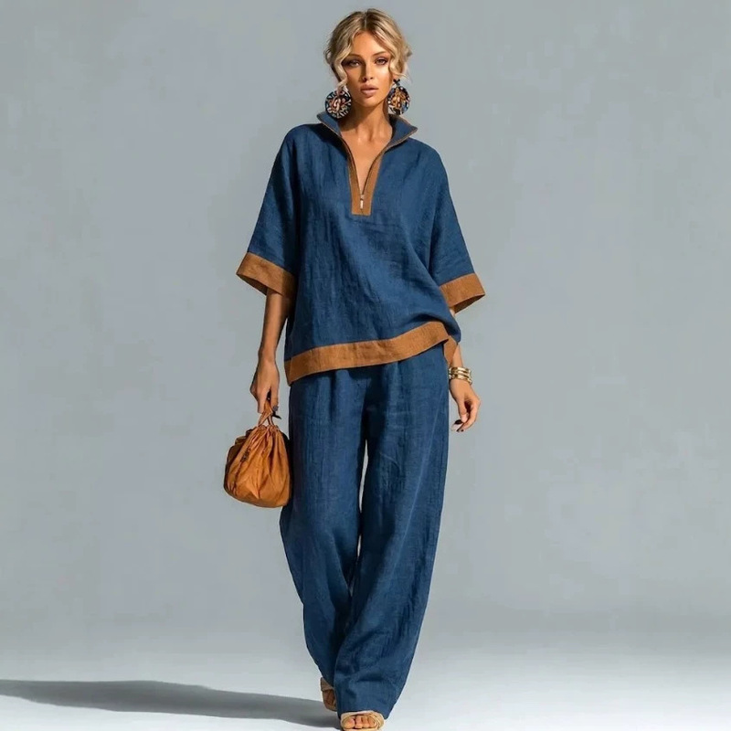 2026 European and American Cross-Border Women's Fashion Casual Color-Blocking Half-Zip Cotton-Linen Five-Quarter Sleeve Shirt and Pants 2026 European and American Cross-Border Women's Fashion Casual Color-Blocking Half-Zip Cotton-Linen Five-Quarter Sleeve Shirt and Pants