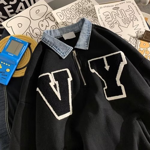 Half Zip Checkered Padded Thick Sweatshirt for Men, Japanese Style Loose Streetwear Brand Autumn/Winter Warm Clothing Ins Trend