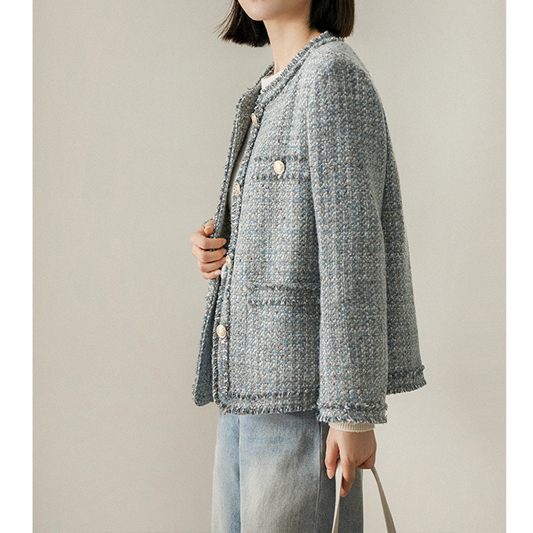 High-End Wool Fringe Tweed Jacket in Blue-Gray, 2026 Spring French-Style Short Women's Fashion New Model