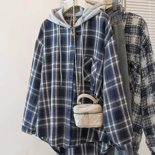 跨境外贸韩版复古连帽格子衬衫女春秋装宽松慵懒风大码衬衣外套