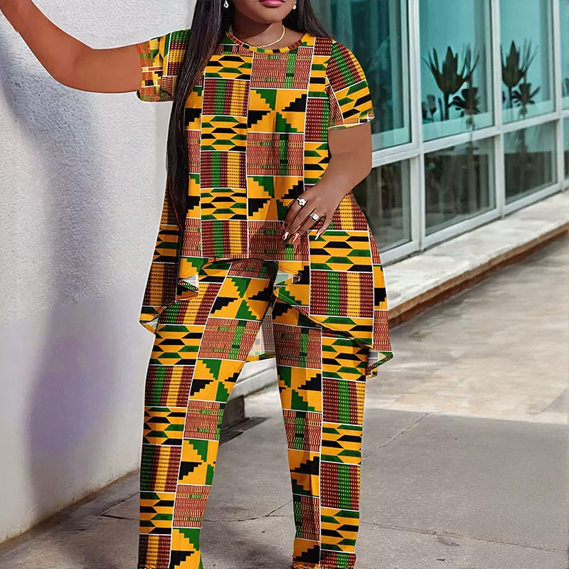 夏季多色格子印花圆领短袖休闲长裤非洲大码套装欧美风欧美跨境