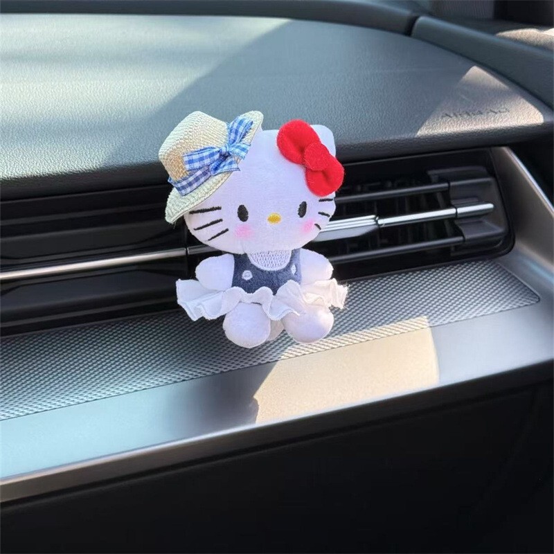 带草帽的Kitty车载挂件新款毛绒公仔汽车后视镜挂饰出风口夹摆件|undefined