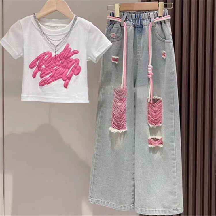 Girls' Short-sleeved suit 2025 New Style Girl Graffiti T-shirt Rough Denim Wide Leg Pants Two-piece Set