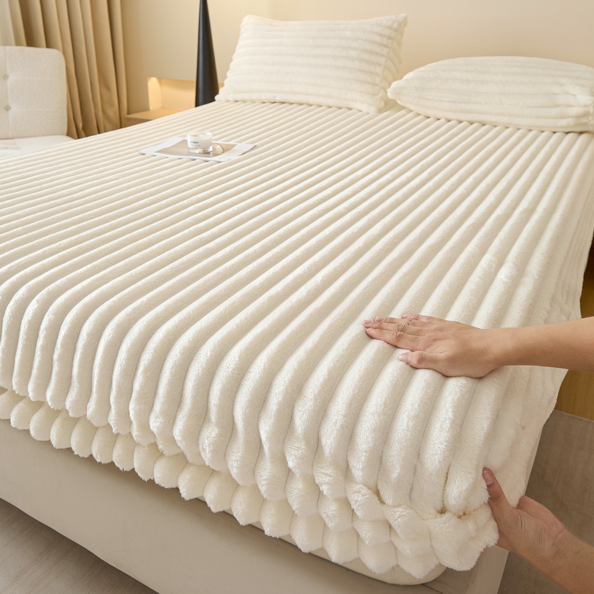 秋冬抽条兔毛绒纯色床笠加绒加厚席梦思床垫保护套床套保护罩