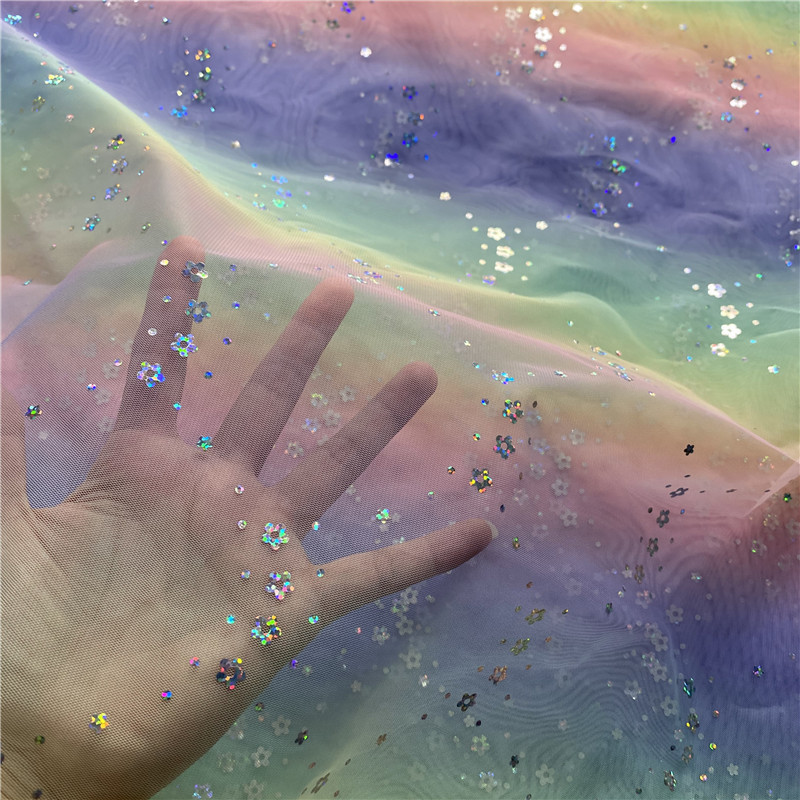 厂家供应 彩虹渐变亮片冲片网纱网眼女装童装裙面料辅料