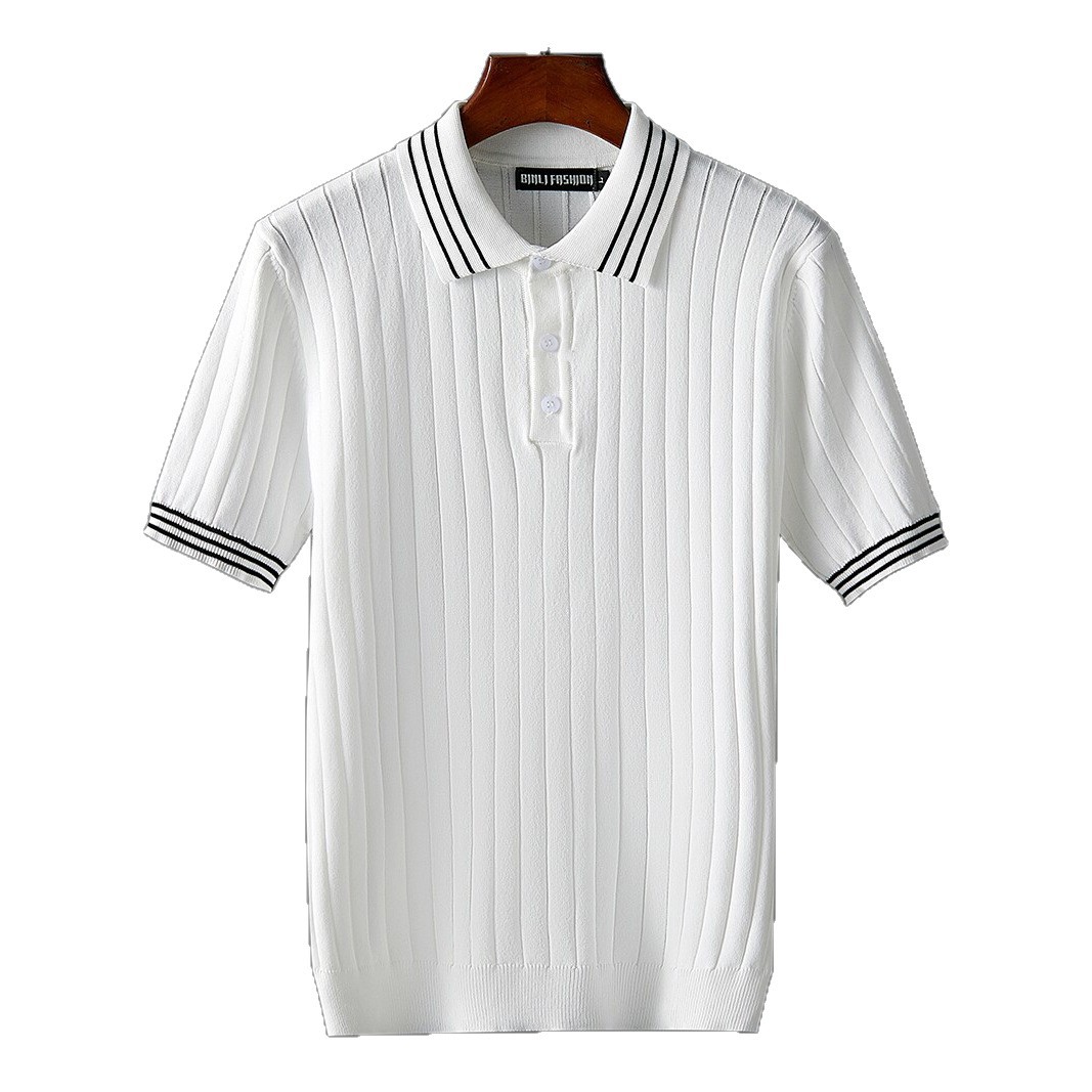 Polo camiseta de punto camiseta de manga corta hombre con solapa rayas viejas camisetas de hielo de negocios de verano fábrica transfronteriza al por mayor