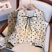 大码上衣女2025春装新款胖mm温柔风甜美气质方领波点长袖雪纺衬衣