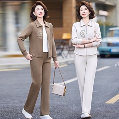 中高年婦人服洋風カジュアル襟2点セット2025新型ママ春装国風スポーツウェアセット