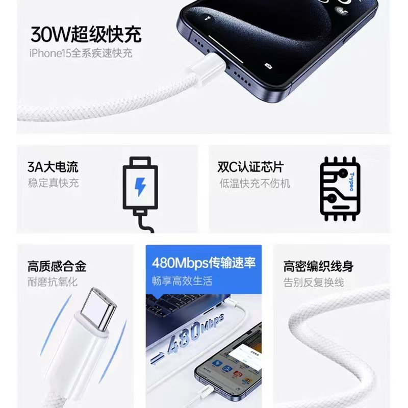 Cables de carga tipo-c de doble cabeza para Apple 15 / 16 cable de datos trenzado para teléfonos móviles PD cable de carga rápida cable de datos C-C