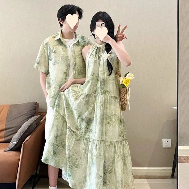 Новый комплект из двух предметов в китайском стиле для пары, одна рубашка и одна юбка, летнее нишевое мужское и женское платье-рубашка с короткими рукавами