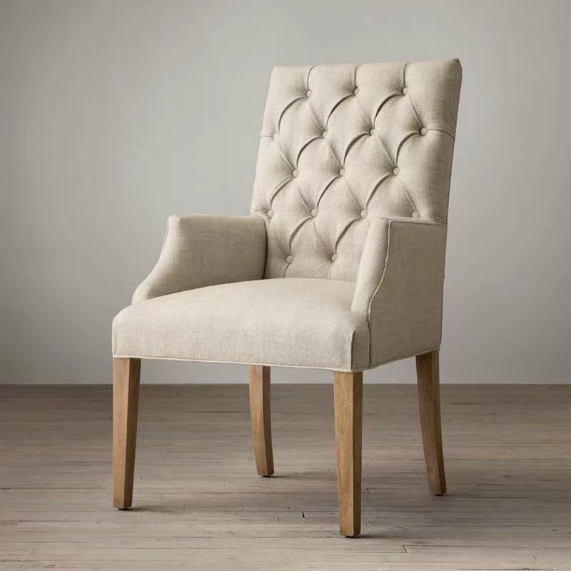 American Solid Wood Retro Nostalgic Simple Armrest Cotton and Linen Dining Chair Villa Model Room Apartment Hotel B&B Furniture