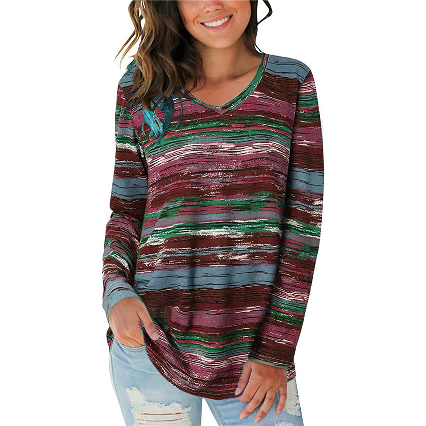 Digital Printed V-Neck Long-Sleeved T-Shirt NSYHY106884