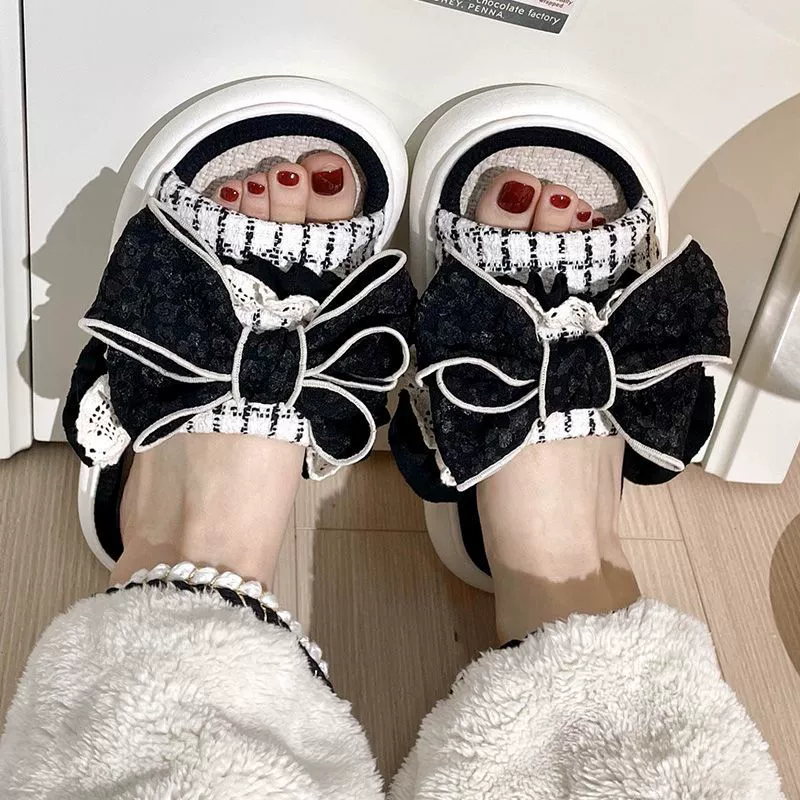 Тапочки льняной бант льняной хлопок осенний и зимний сезон для девочек крытый дом нескользящие четыре сезона для домашнего использования на открытом воздухе