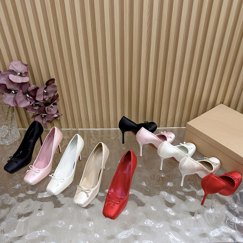 2025秋季新款法式气质真丝面蝴蝶结方头一脚蹬芭蕾舞鞋超高跟单鞋