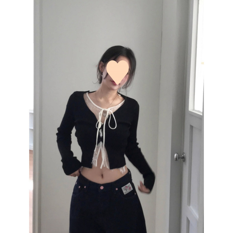 2025年の新型の偽の2つはレースのハスの葉の辺のメリヤスのカーディガンのギャルの風の上着の女性をつなぎ合わせます。|undefined