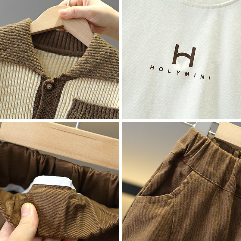 6146 Traje de otoño para niños 2025 nuevo estilo estilo occidental chaqueta de suéter para niños traje de tres piezas guapo bebé versión coreana primavera