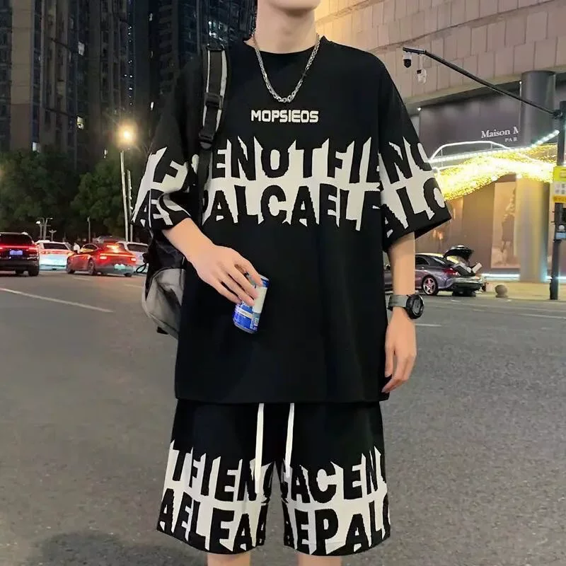 Корейский модный повседневный набор мужской летний новый темперамент простой цвет