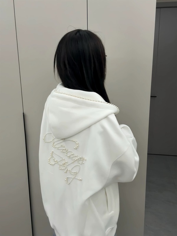 美式潮牌珍珠字母刺绣连帽卫衣女秋季设计感小众宽松复古开衫外套|undefined