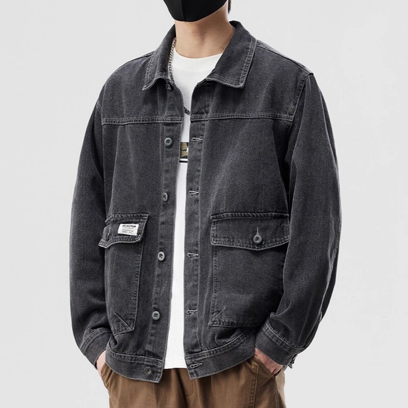 Autumn Hong Kong Style Retro Jacket Men's Large Size Simple Lapel Long-Sleeved Workwear Denim Jacket Versatile Oversize