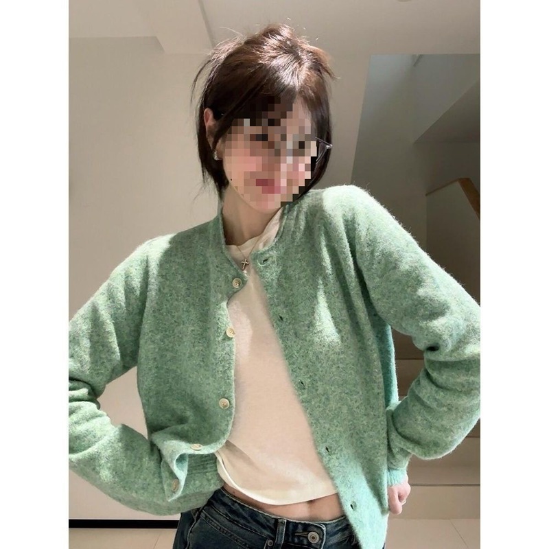 百搭薄荷绿卷边针织开衫女春秋百搭绿色上衣早春外搭软糯毛衣外套|undefined